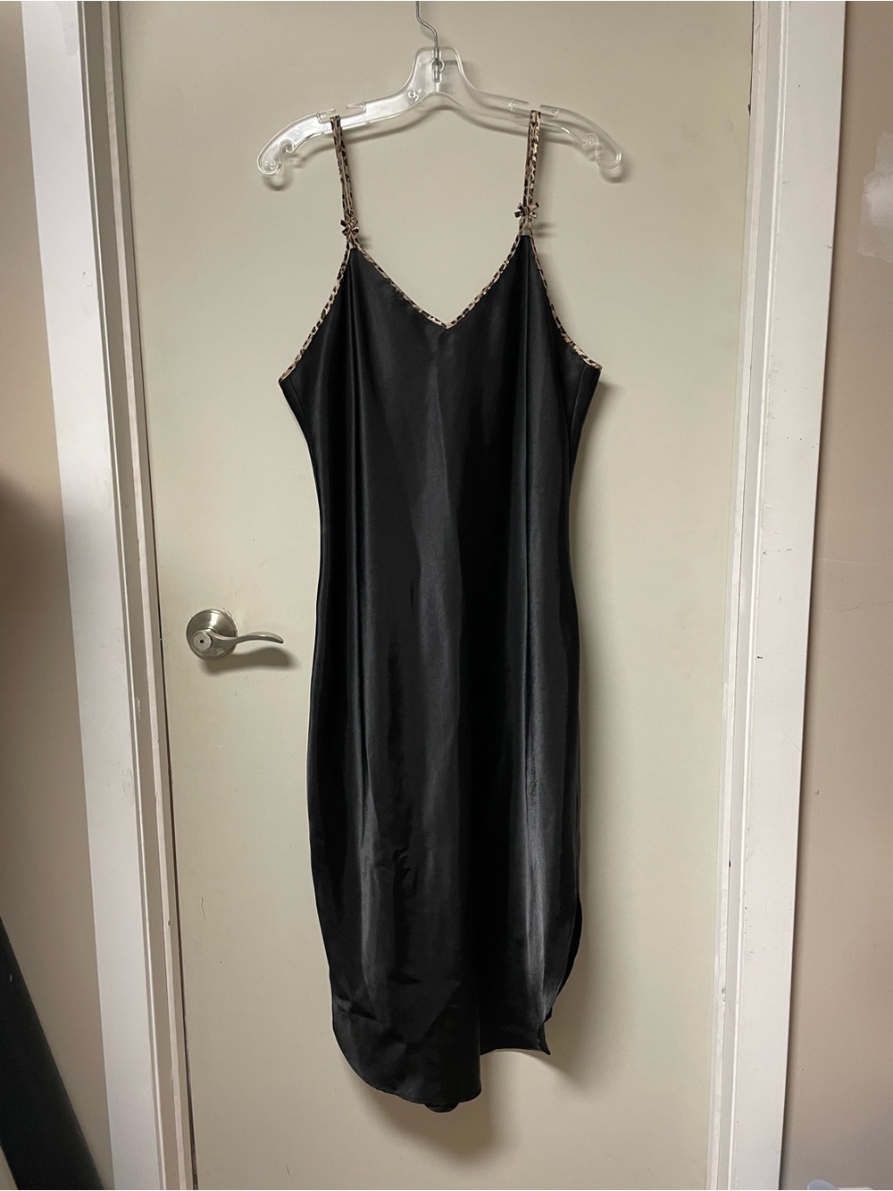 Black Satin Slip Dress with Leopard Trim